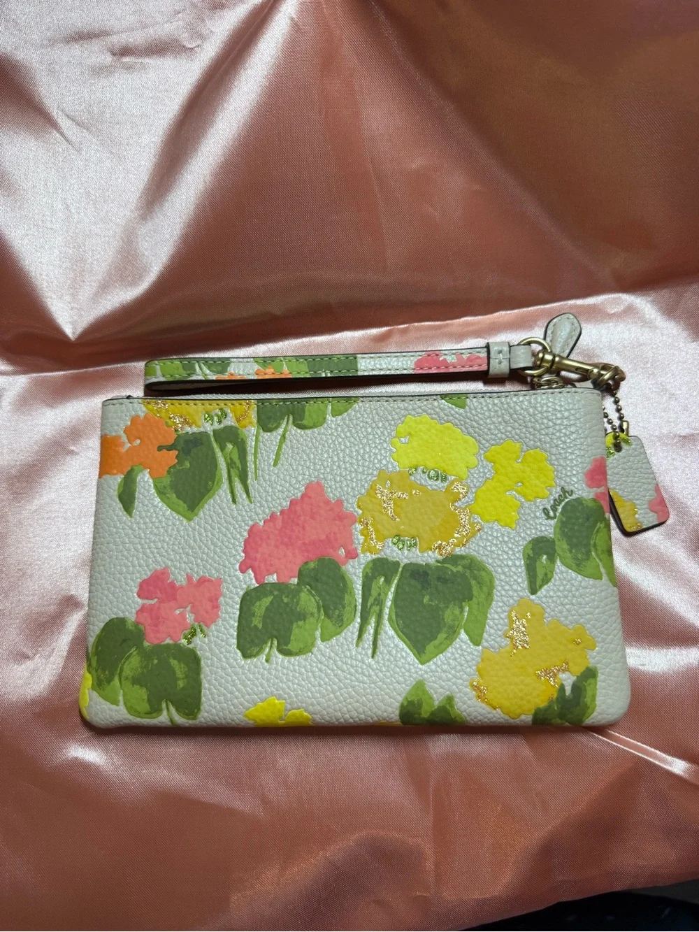 COACH Floral Pebbled Leather Wristlet in White with Pink, Yellow & Green
